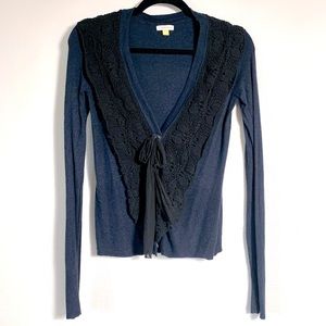 Anthropologie//Leifsdottir Crochet Collar navy angora/wool/cashmere cardigan XS